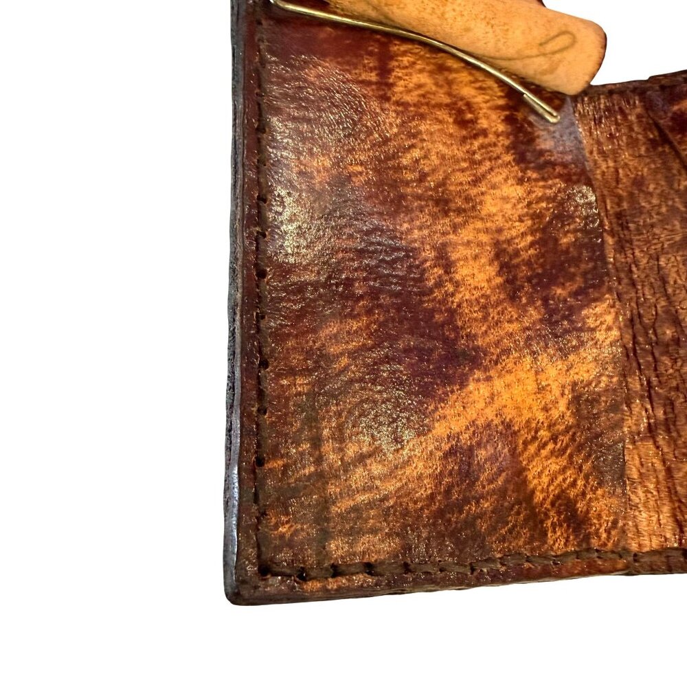 Hand Tooled Leather Wallet Brown Crafted 4"x3" Unique Gift - Picture 6 of 7